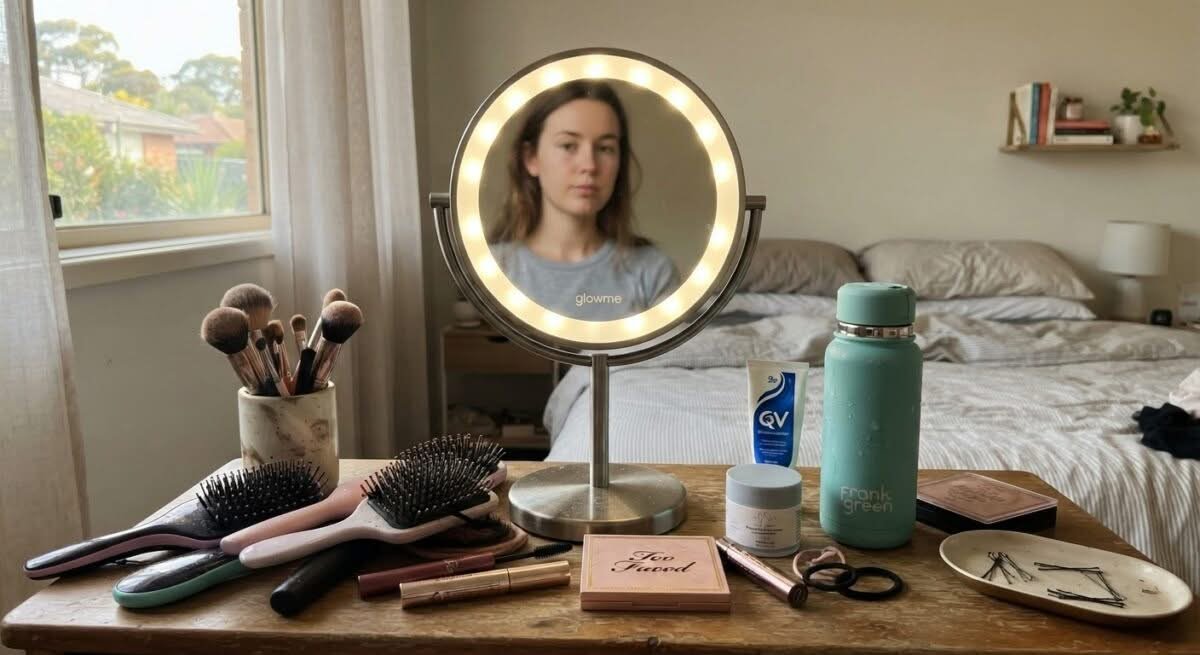 Close-up of the best makeup mirror with lights Australia, positioned on a vanity table with other personal items.