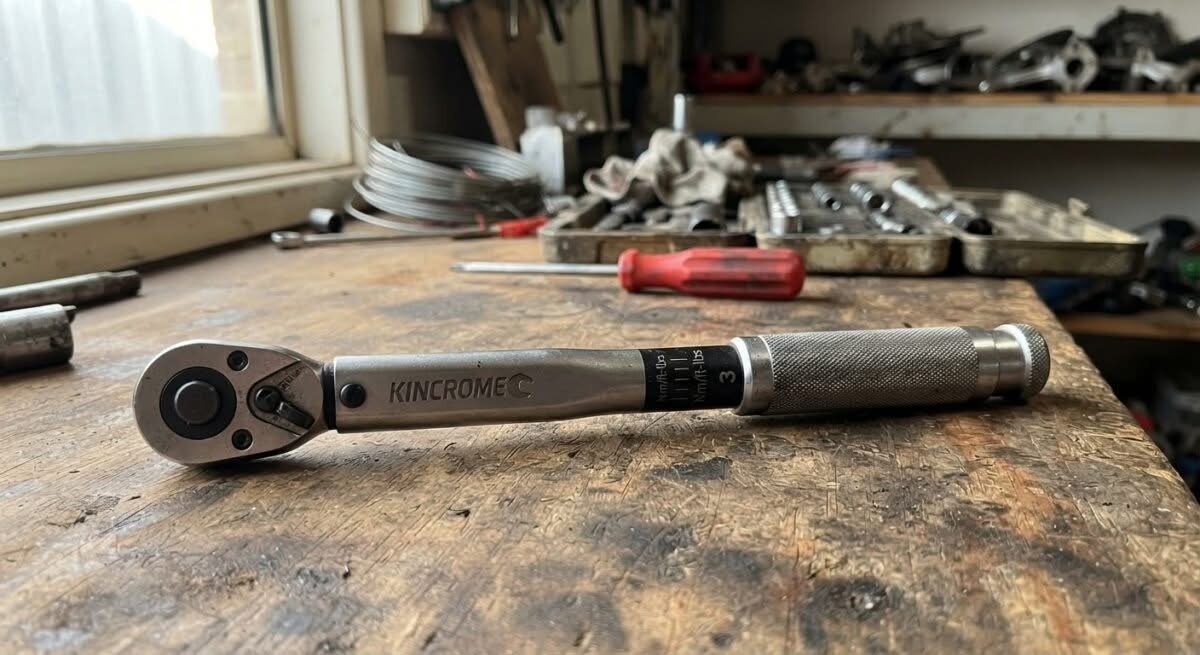 A close-up smartphone photo of the best torque wrenches Australia has to offer, resting on a workbench.