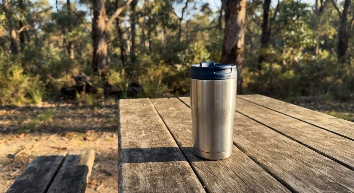 A top-rated travel coffee mug for use in Australia, pictured on an outdoor table.