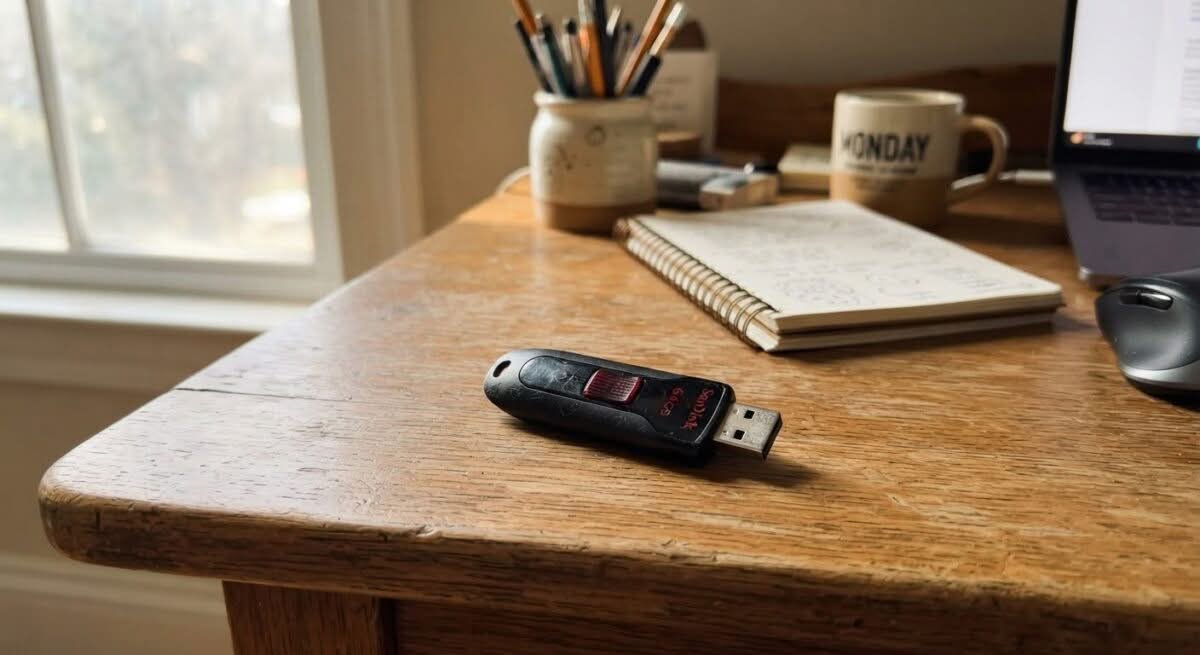 A single USB flash drive, representing the best USB flash drive Australia has to offer, on a desk.