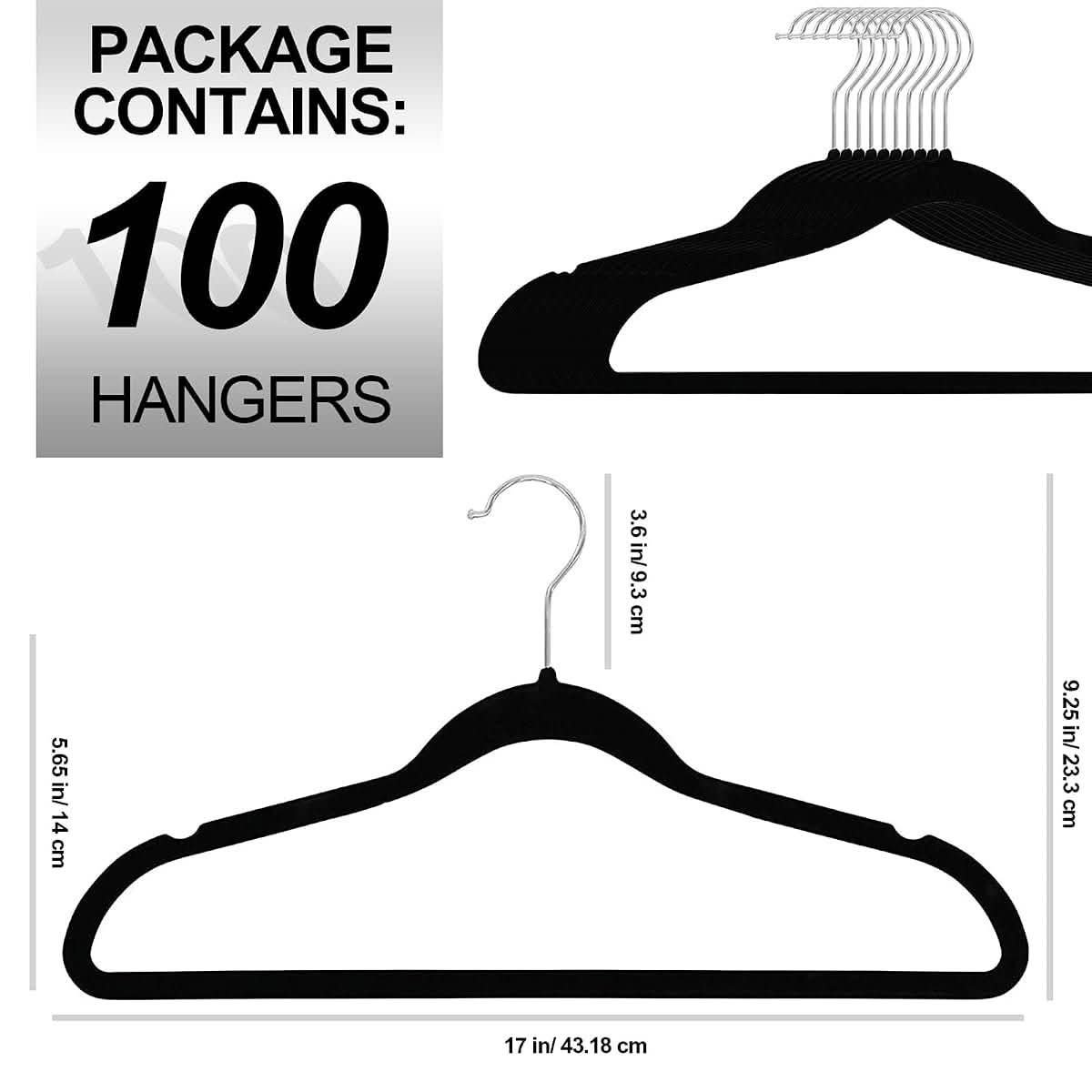 Velvet Coat Hangers 100-Pack, Black with Silver Hooks