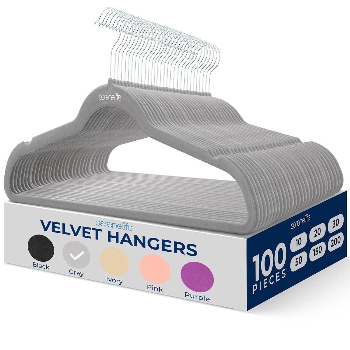 SereneLife Non-Slip Velvet Hangers, Grey, 100 Pack