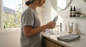 Close-up of the best water flosser in Australia being held in a bathroom setting.