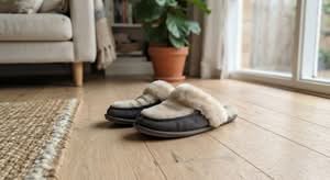 Close-up of the best women's slippers in Australia, resting on a wooden floor in a home setting.