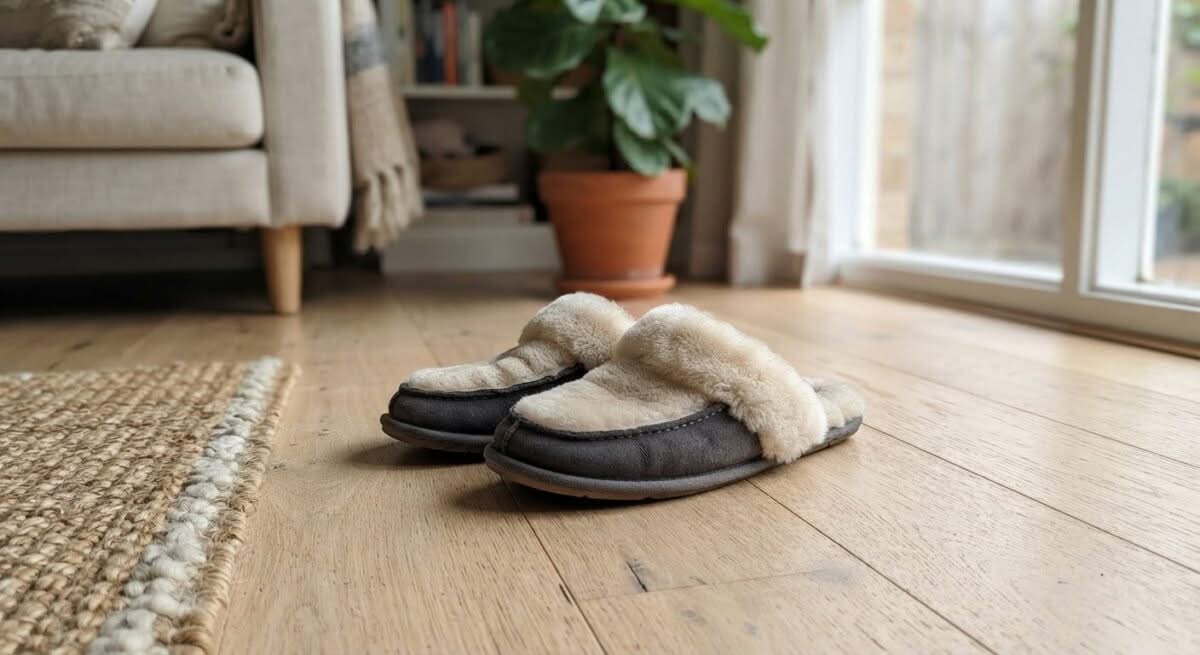 Close-up of the best women's slippers in Australia, resting on a wooden floor in a home setting.