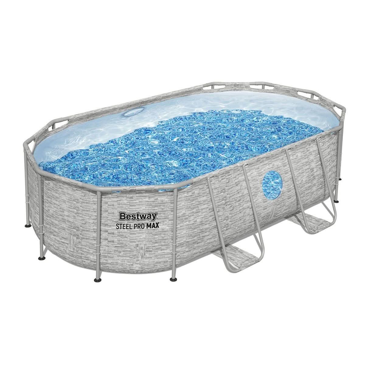 Mid size oval steel frame above ground pool with filter pump and ladder