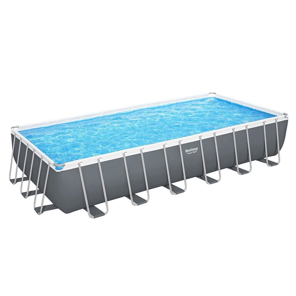 Large oval steel frame above ground pool with ladder for big families