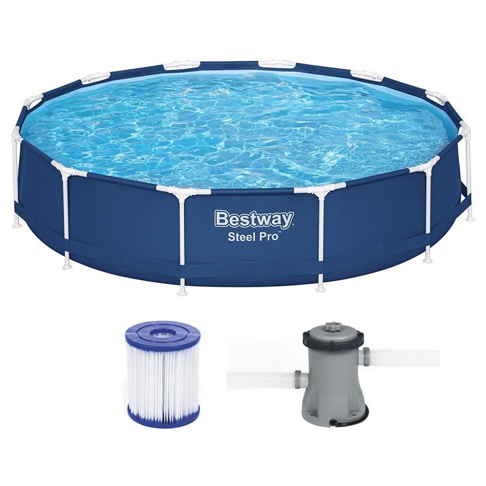 Compact round steel frame above ground pool with filter pump