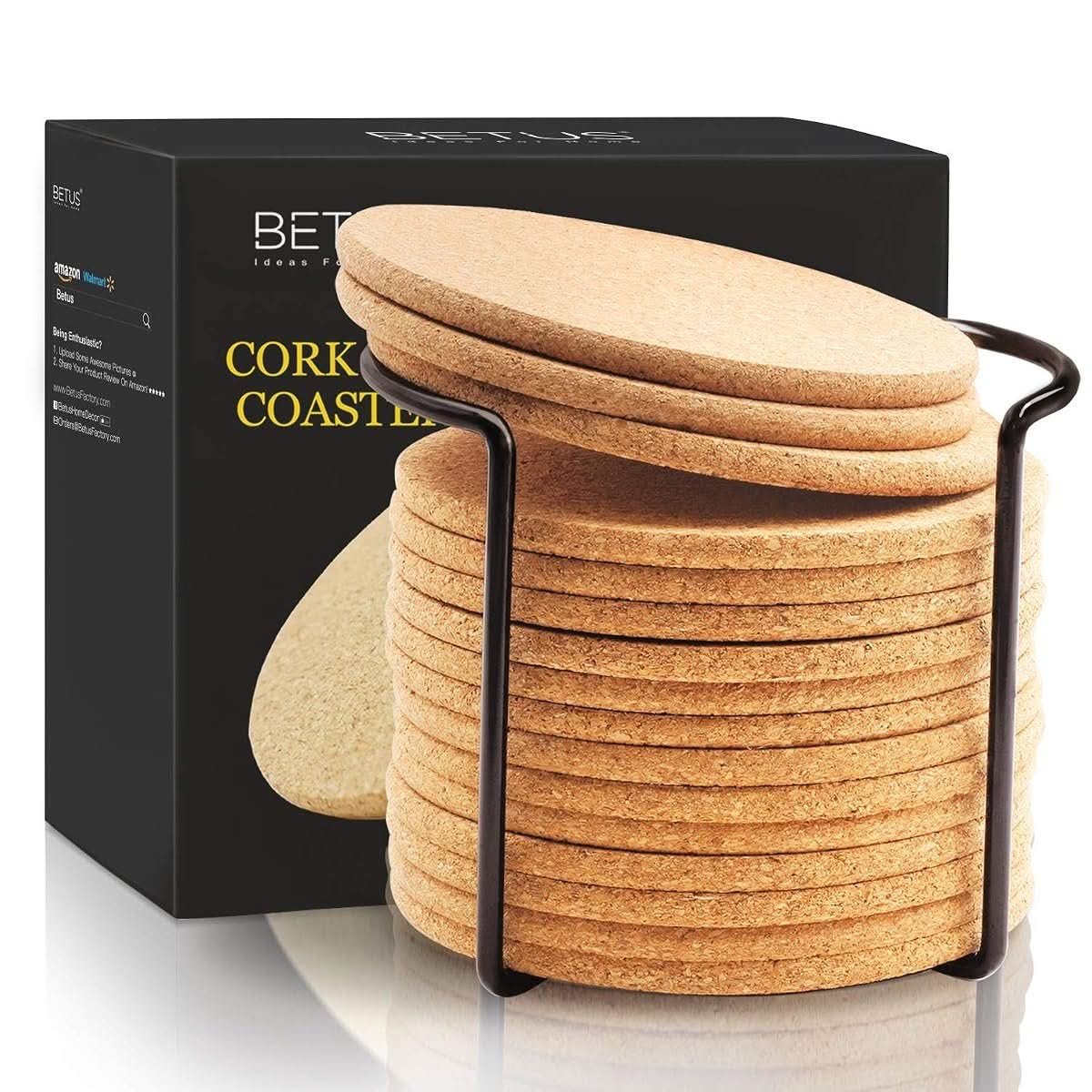 BETUS round cork coasters with metal holder