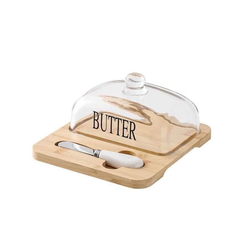 Bamboo Wood Butter Dish with Glass Lid