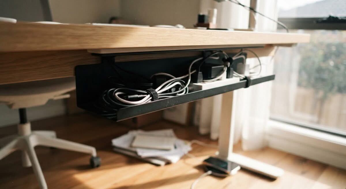 A cable management tray in an Australian home office, organizing computer cords.