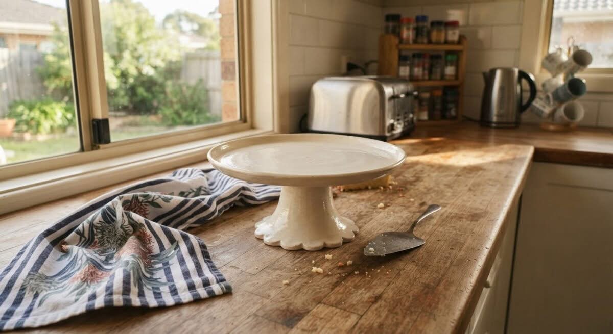 A stylish cake stand on a kitchen counter in Australia, perfect for displaying baked goods.