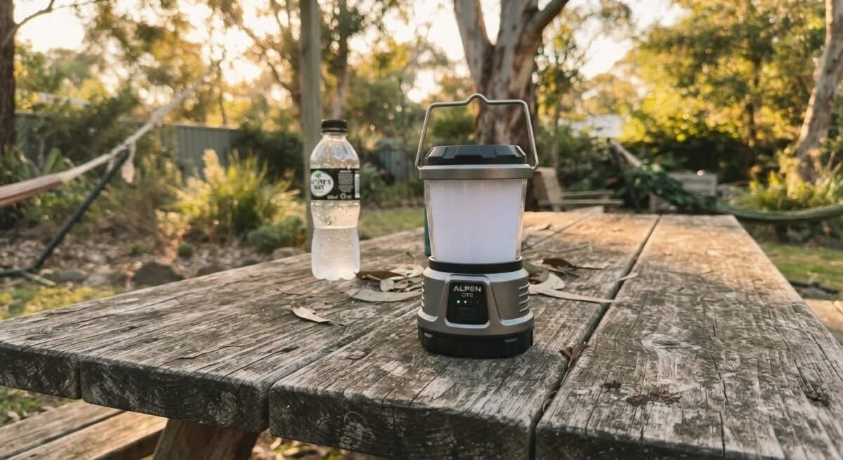 Modern LED camping lantern on a picnic table, representing the best camping lanterns Australia has to offer.
