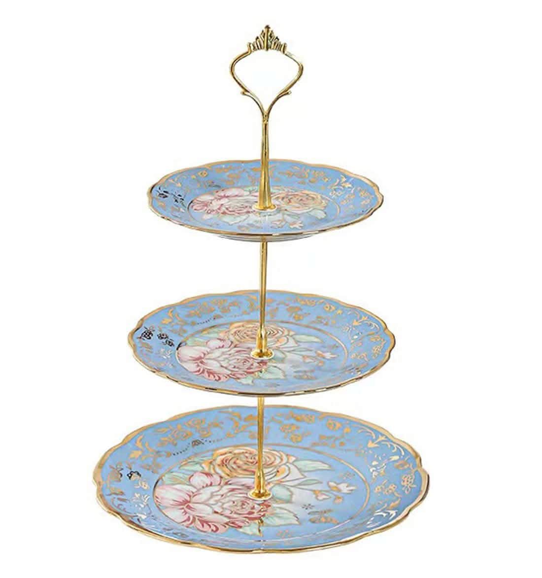 CHANJOON 3-Tier Ceramic Vintage Rose Pattern Cake Stand