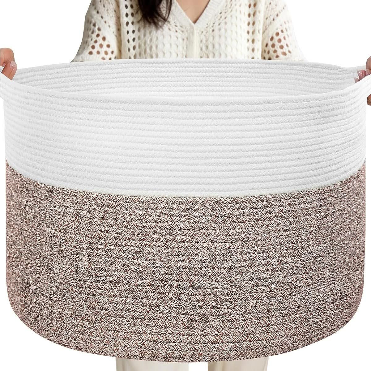 90 litre white and brown woven blanket storage basket with handles