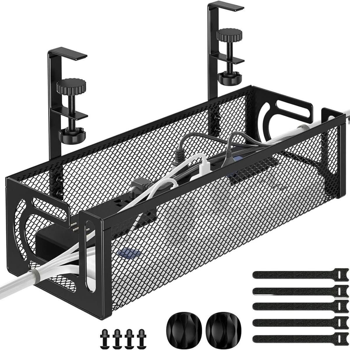 Black mesh under desk cable organiser basket with clamp mount and cable ties