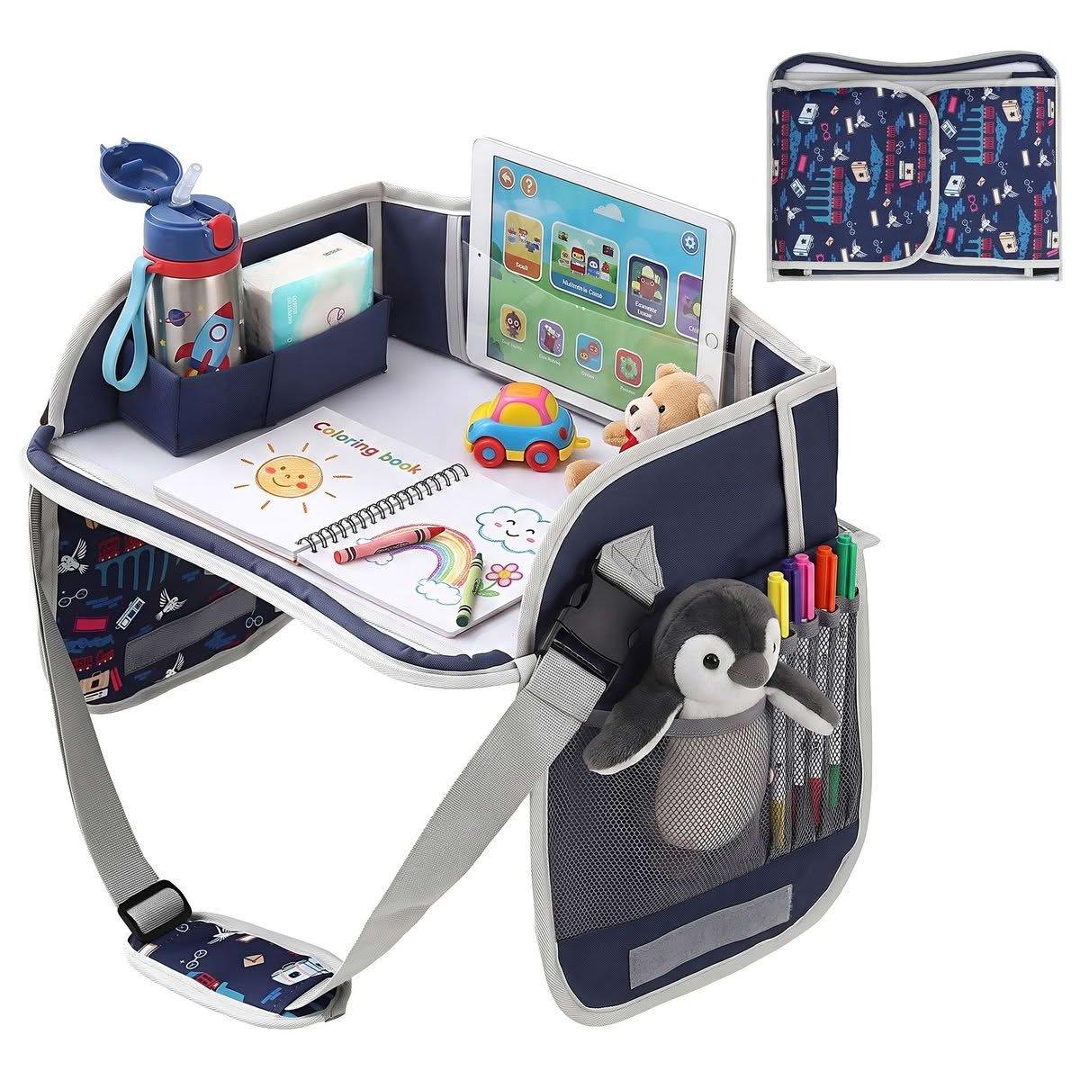 Kids travel tray and car seat lap desk fitted to a rear car seat