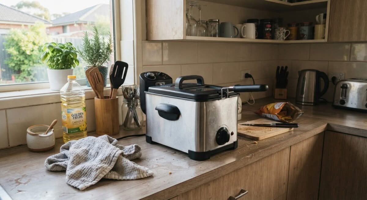 Modern deep fryer on a kitchen counter in an Australian home, highlighting the best deep fryer options.