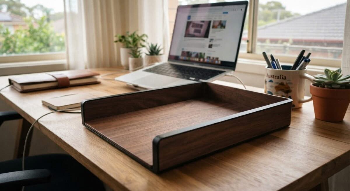 A modern document tray on an Australian desk, ideal for organizing papers.