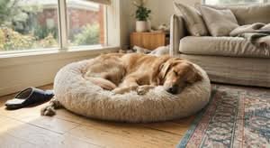 A fluffy dog bed in Australia with a dog sleeping soundly on it.