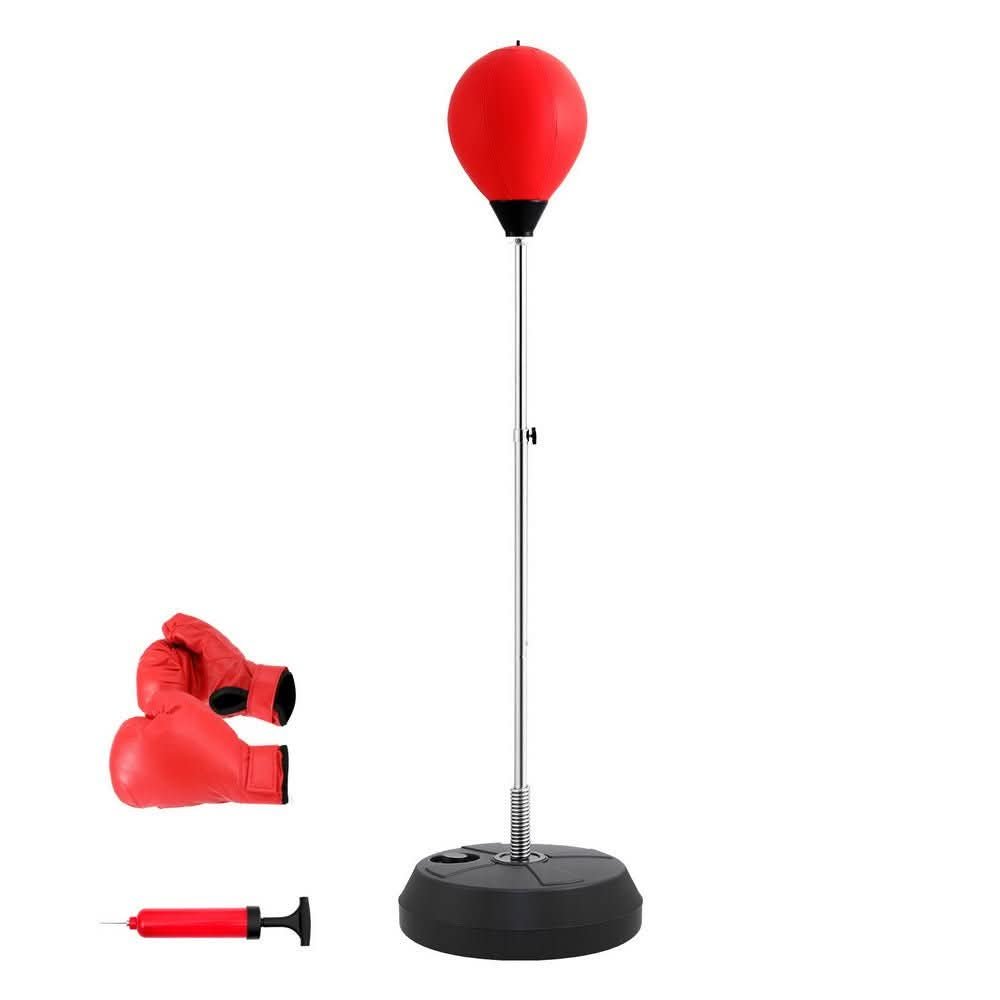 Adjustable freestanding punching bag stand with gloves and pump