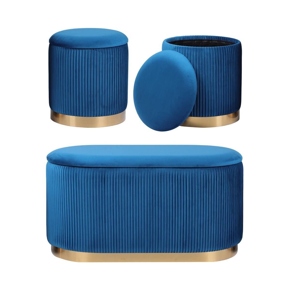 Blue velvet three piece storage ottoman blanket box and stool set