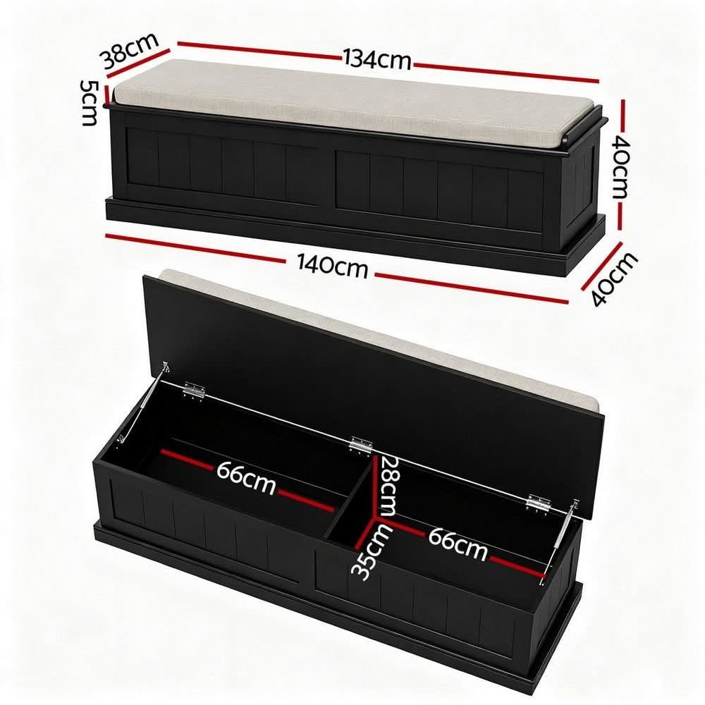 Black fluted panel blanket box with hinged lid, 140cm bench