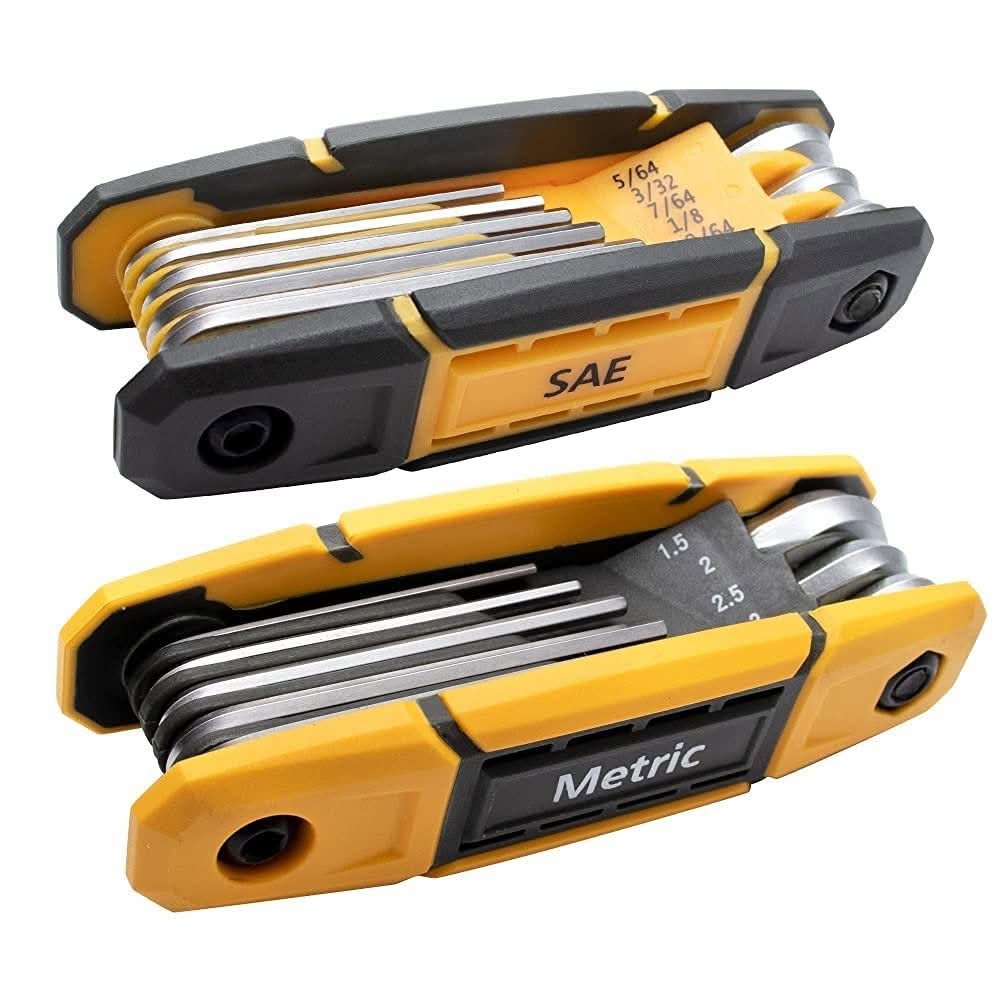 Folding allen wrench set with metric and standard SAE keys