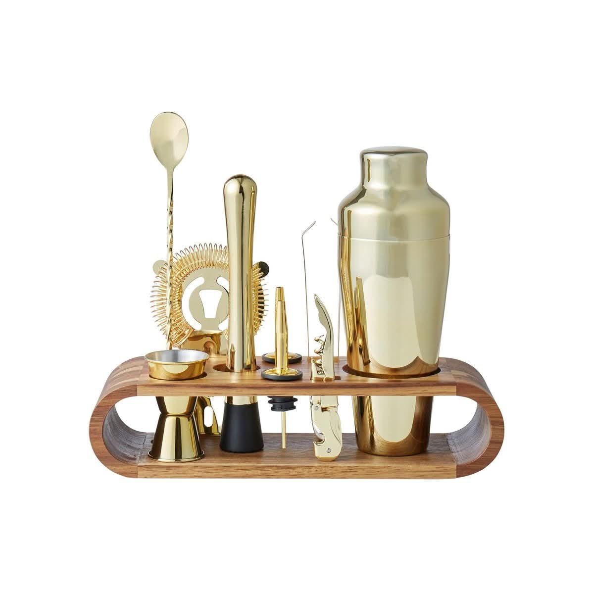 Davis and Waddell Bar Set with Acacia Stand 10-Piece