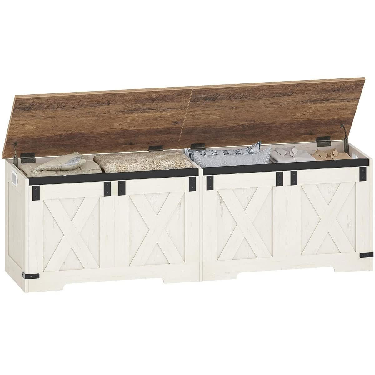 White and brown farmhouse style long storage chest with two hinges