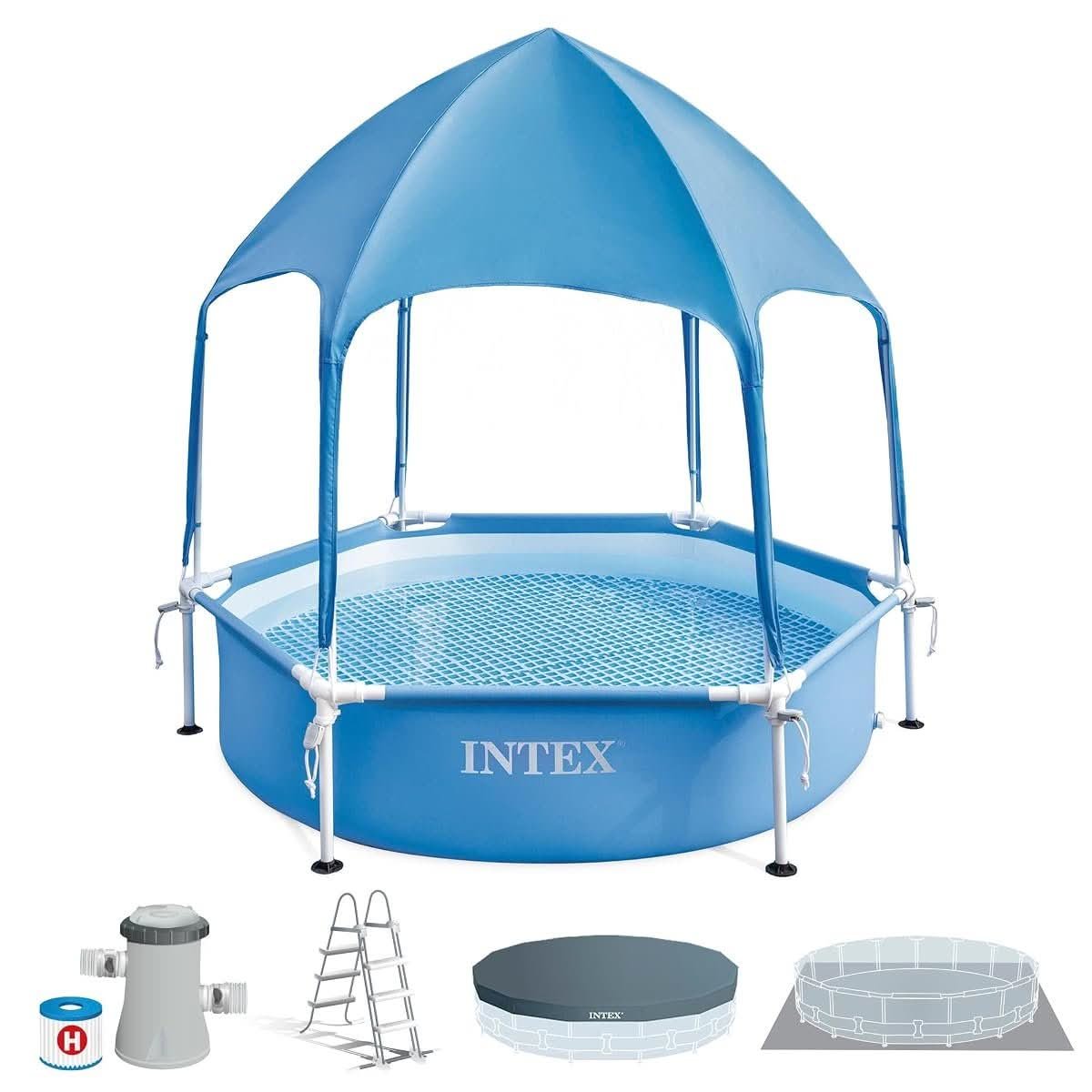 Intex small canopy metal frame above ground pool with built in sprayer