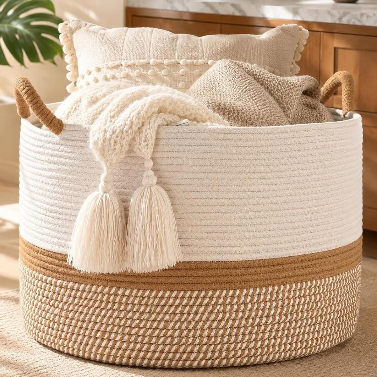 Woven blanket basket in a rustic home storage setting