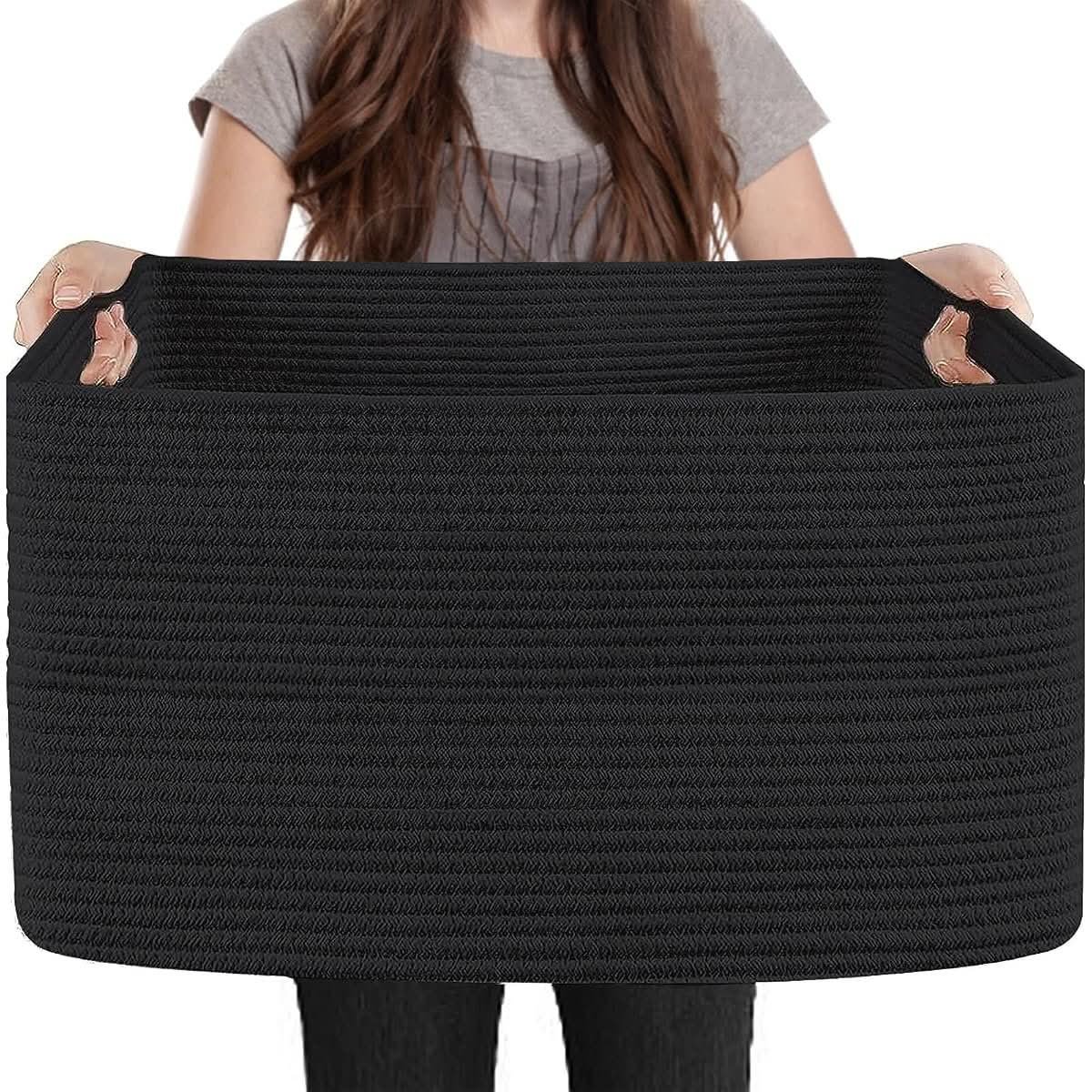 Black extra large woven cotton rope blanket basket for storing throws and linen