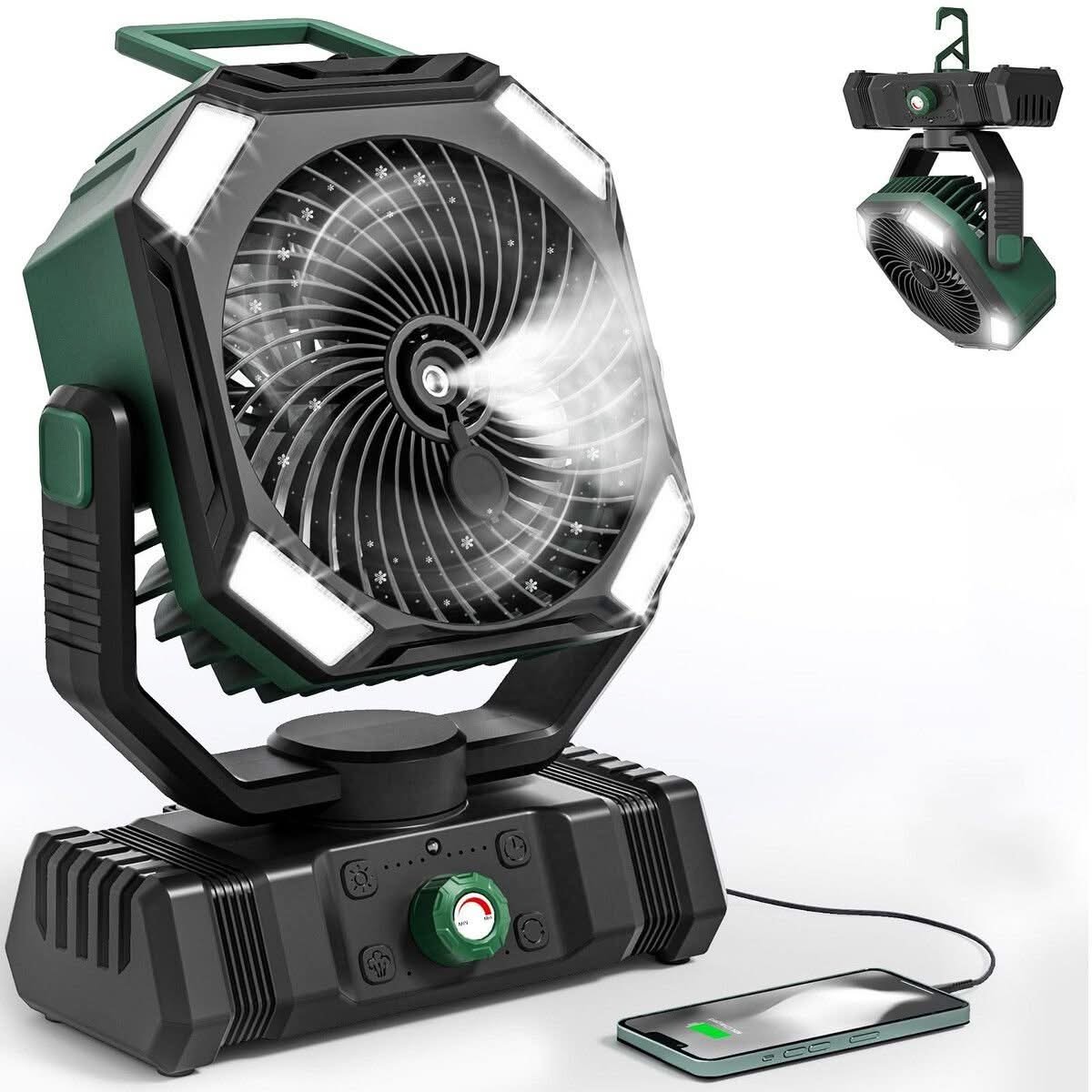 Misting tent fan for humid camping nights