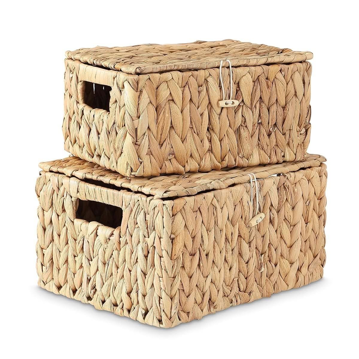 Set of two water hyacinth wicker storage baskets with lids