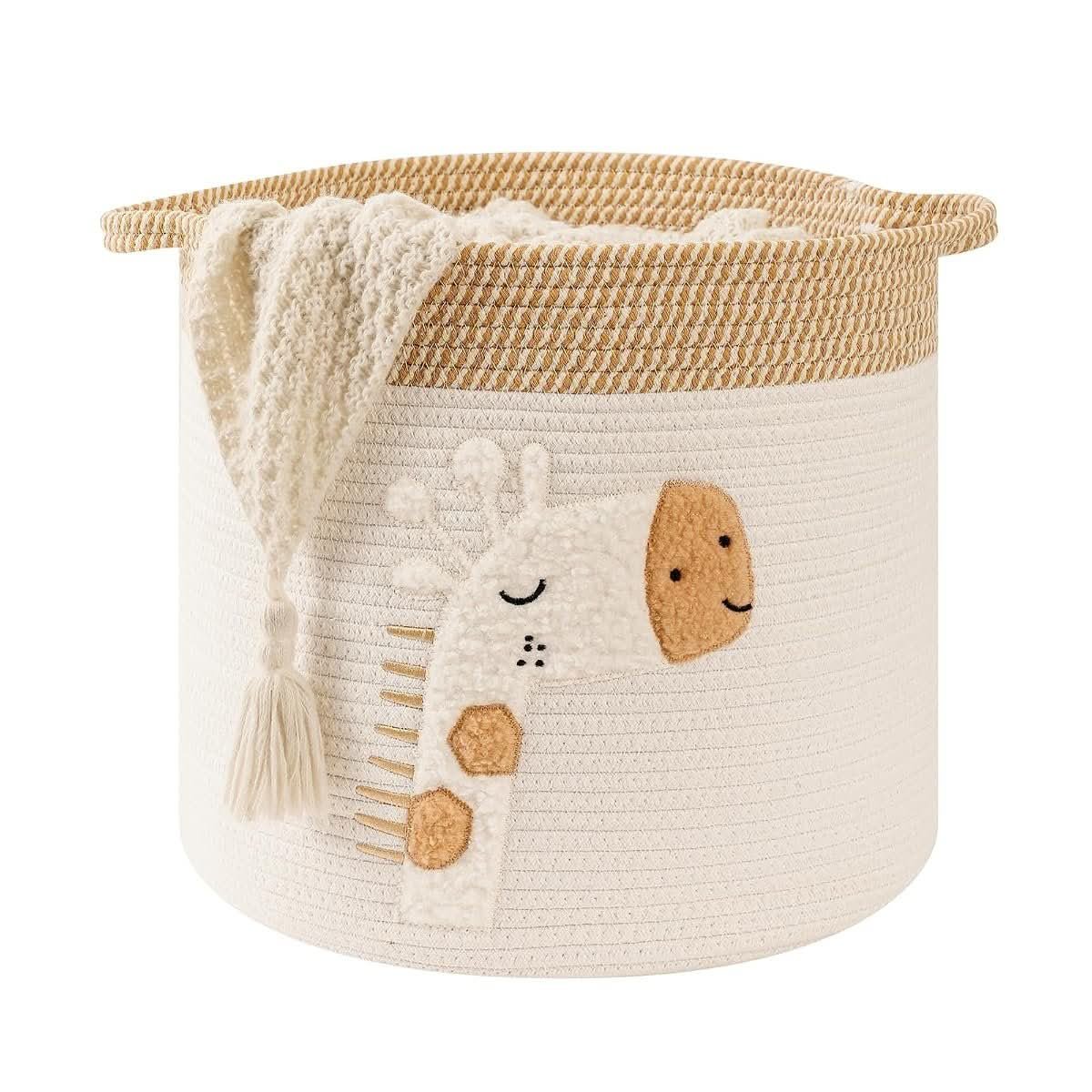 Woven cotton rope blanket basket with giraffe embroidery for a nursery