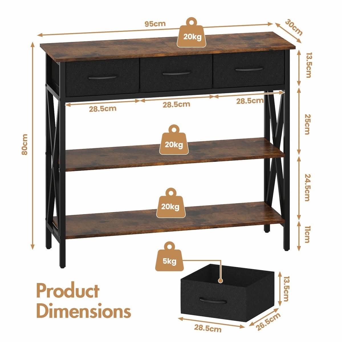 Narrow Console Table with Three Drawers