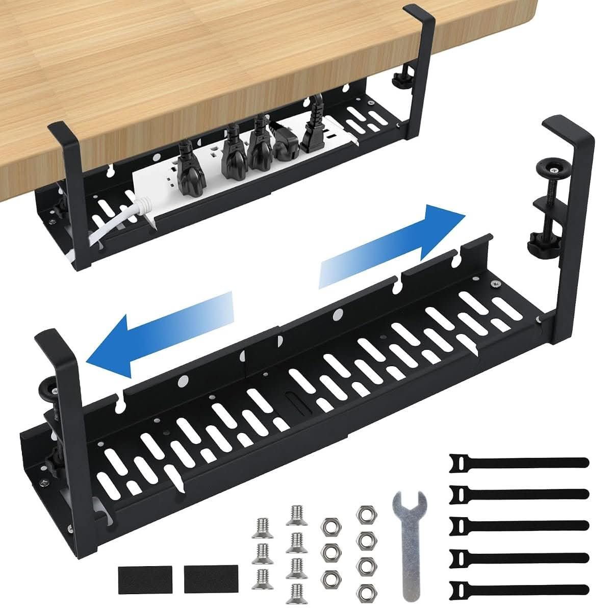 Black adjustable-length slotted metal cable tray clamped under a desk