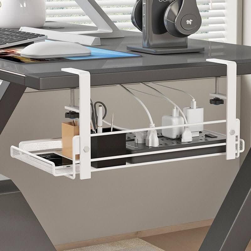 White under-desk cable rack holding a power board and chargers