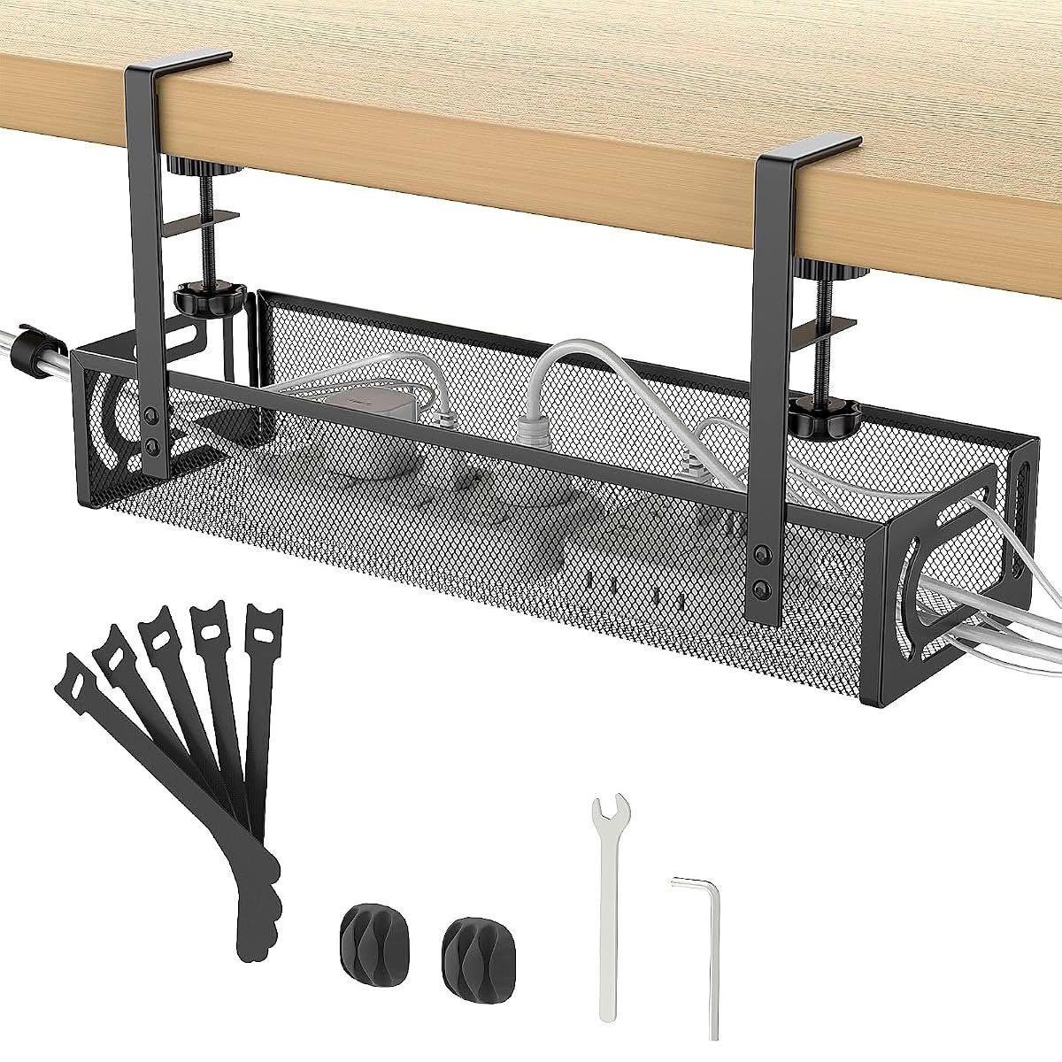 Black metal mesh cable tray with clamp holding a power board and chargers