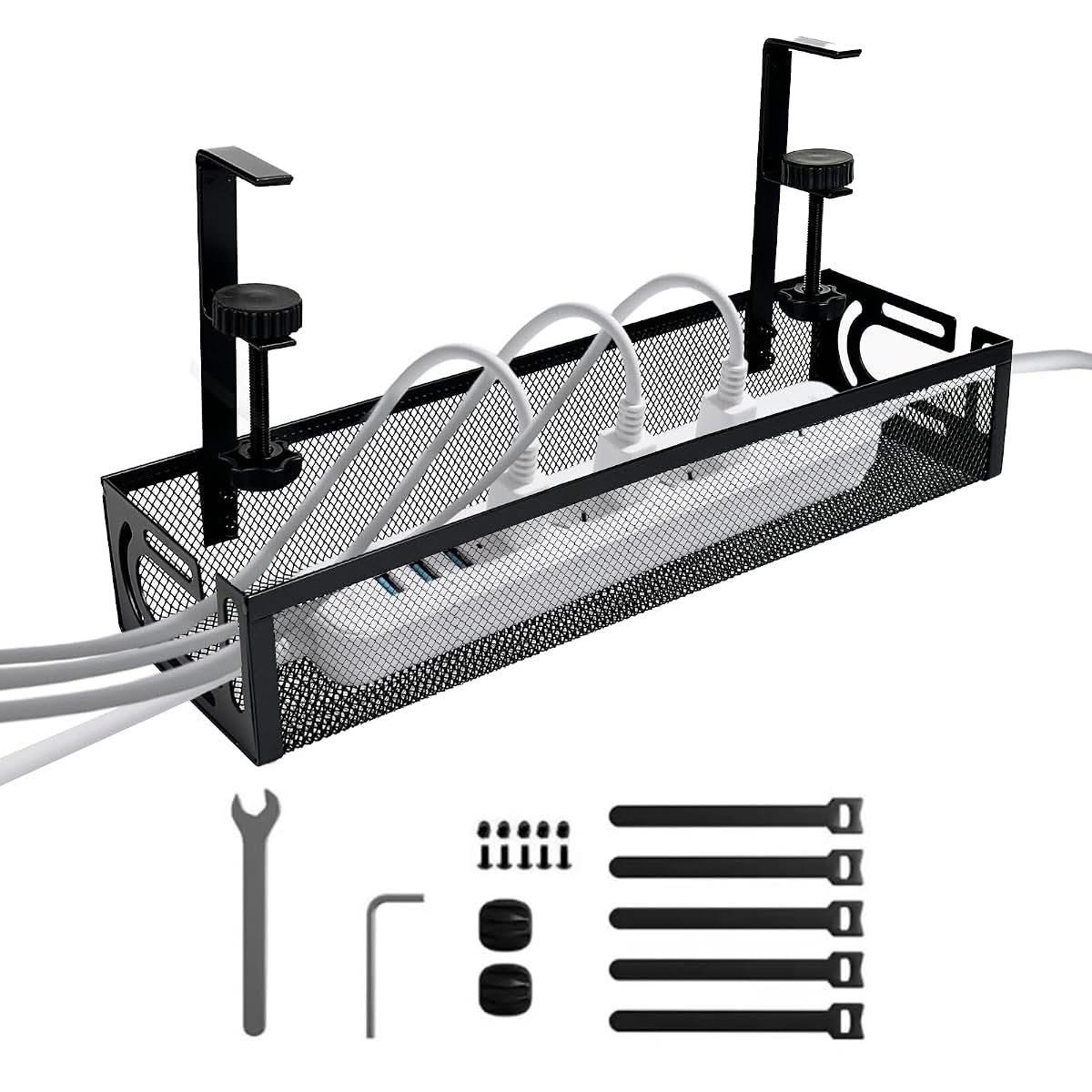 Black metal mesh cable organiser with clamp mount and cable ties