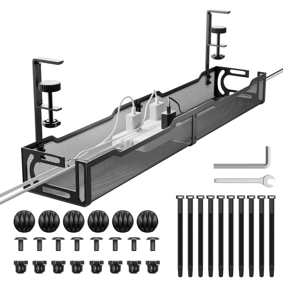 Black metal mesh extendable under-desk cable tray with clamp mount