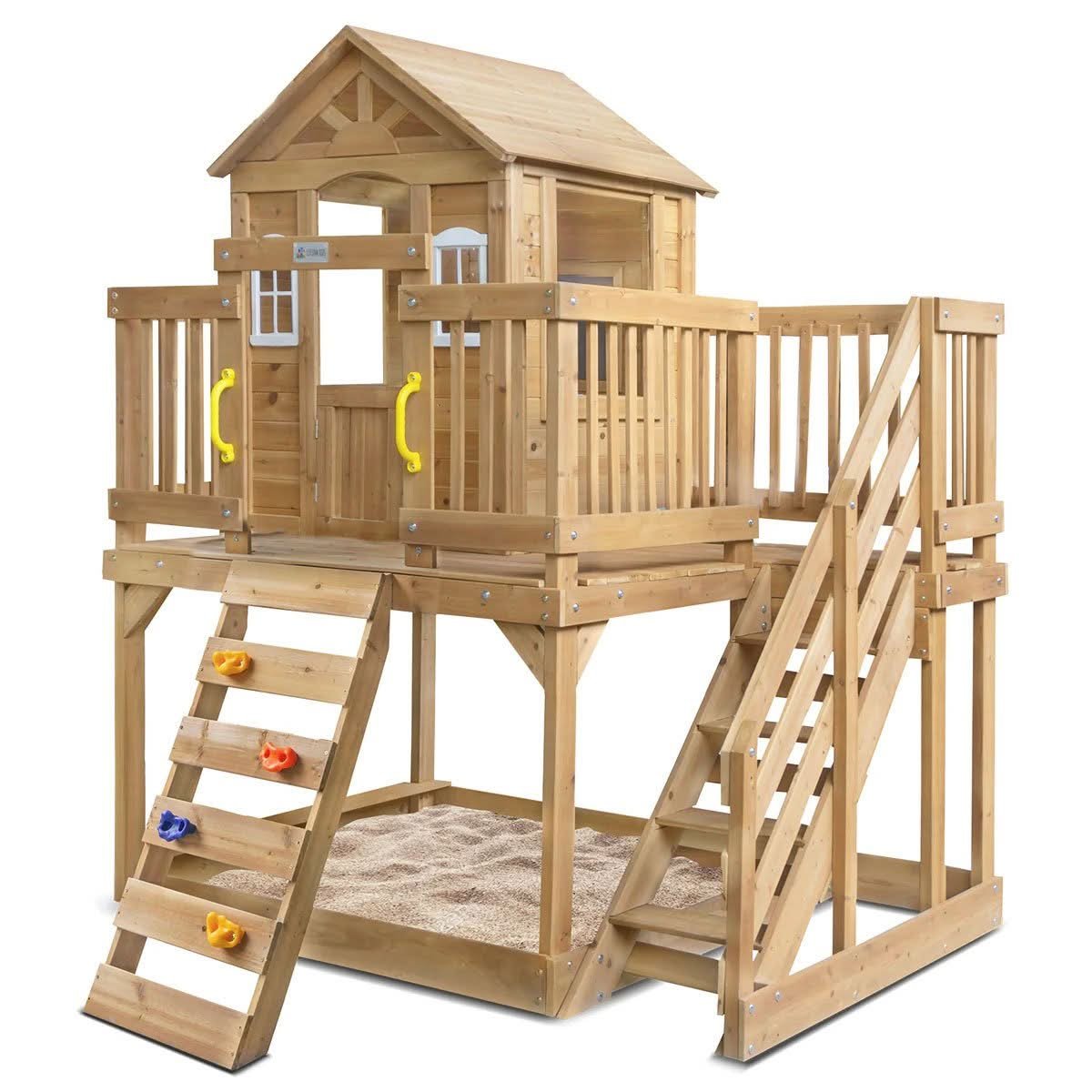 Silverton Raised Wooden Cubby House with Rock Climbing Wall