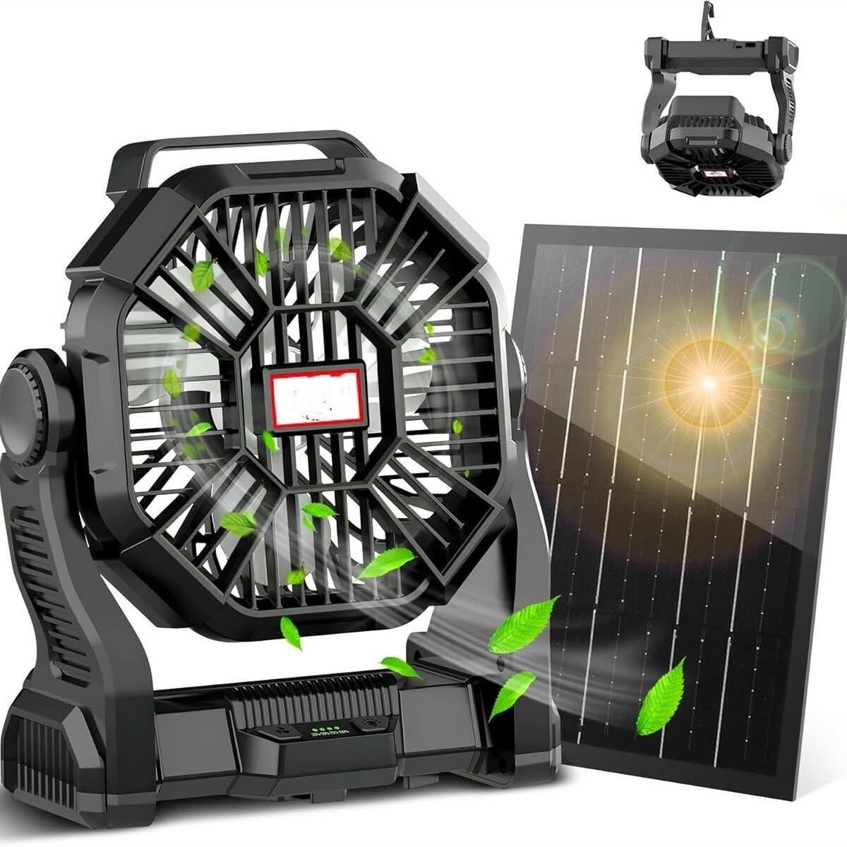 Split solar-powered camping fan with LED lantern