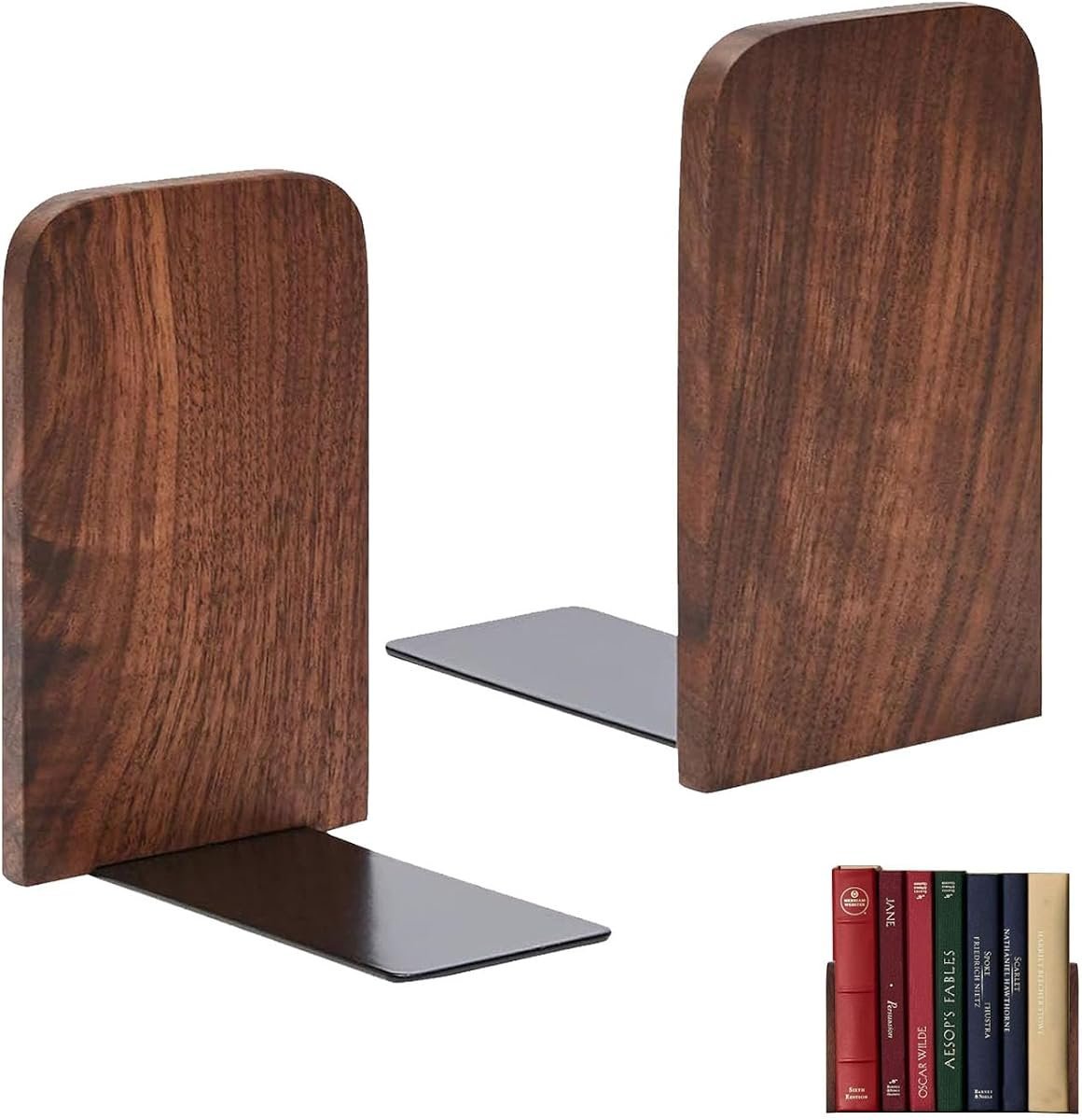 Solid Wood Black Walnut Bookends with Metal Base