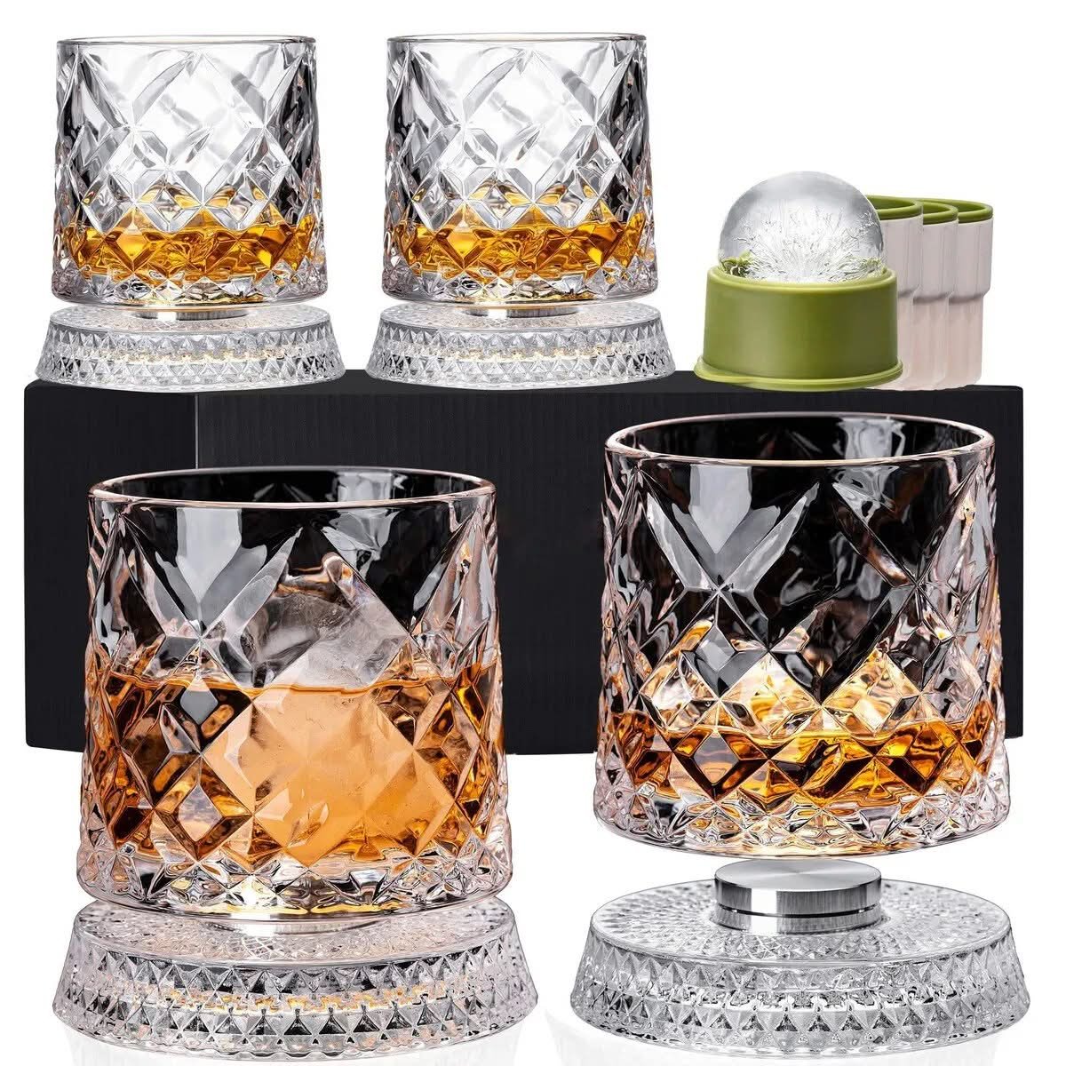 Spinning whiskey glasses set with rotating base and iceball moulds