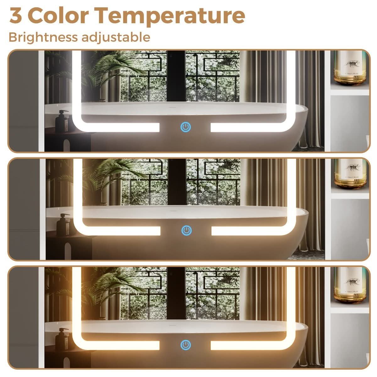 LED bathroom mirror cabinet with two-door storage and adjustable shelves