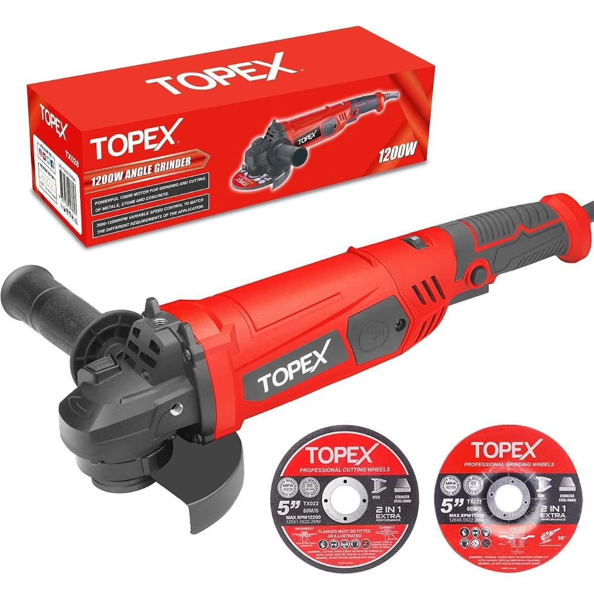 TOPEX 1200W heavy duty corded angle grinder 125mm with auxiliary handle