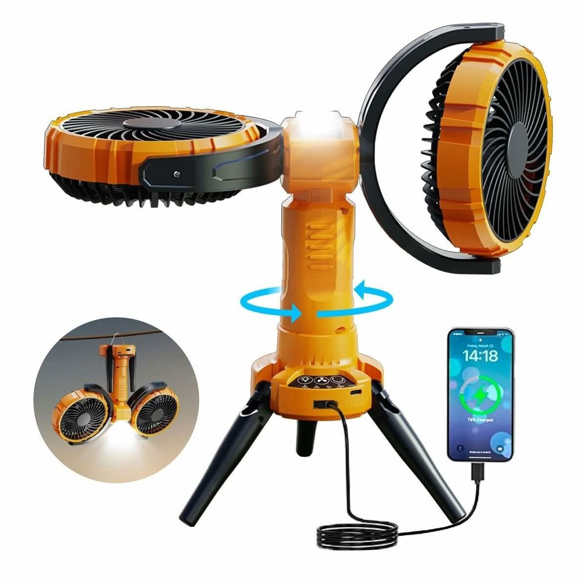Double-head oscillating tripod camping fan