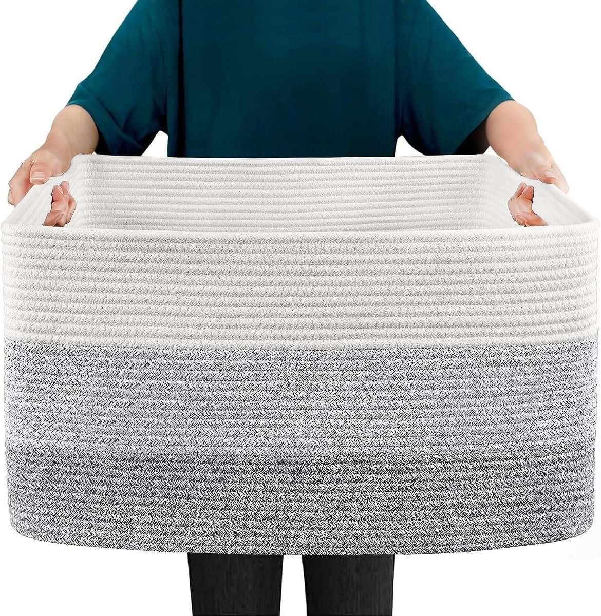 White and grey rectangular woven cotton rope blanket basket